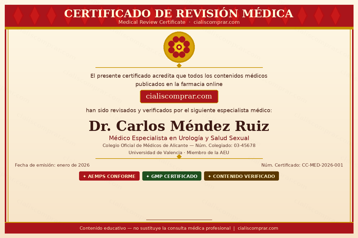 Certificat de révision médicale cialiscomprar.com — Dr. Carlos Méndez Ruiz, Spécialiste en Urologie, Université de Valencia